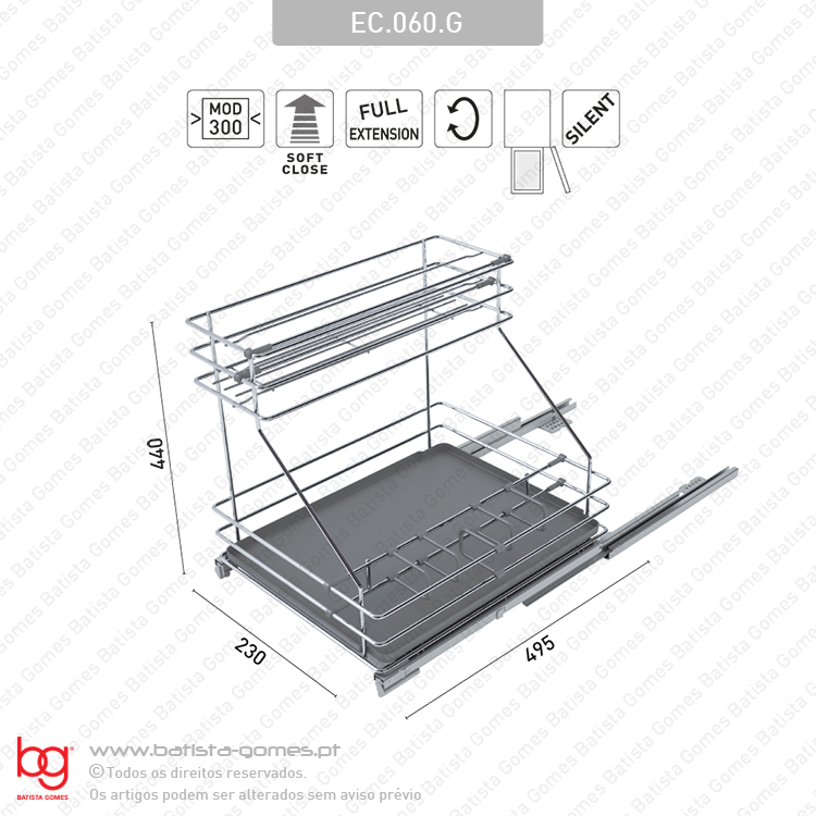 Despenseiro multiusos para aplica��o porta lateral - Extra��o total com soft-close - Mod. 300 - Cromado